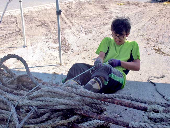 ワカメ漁で使うロープをまとめる作業